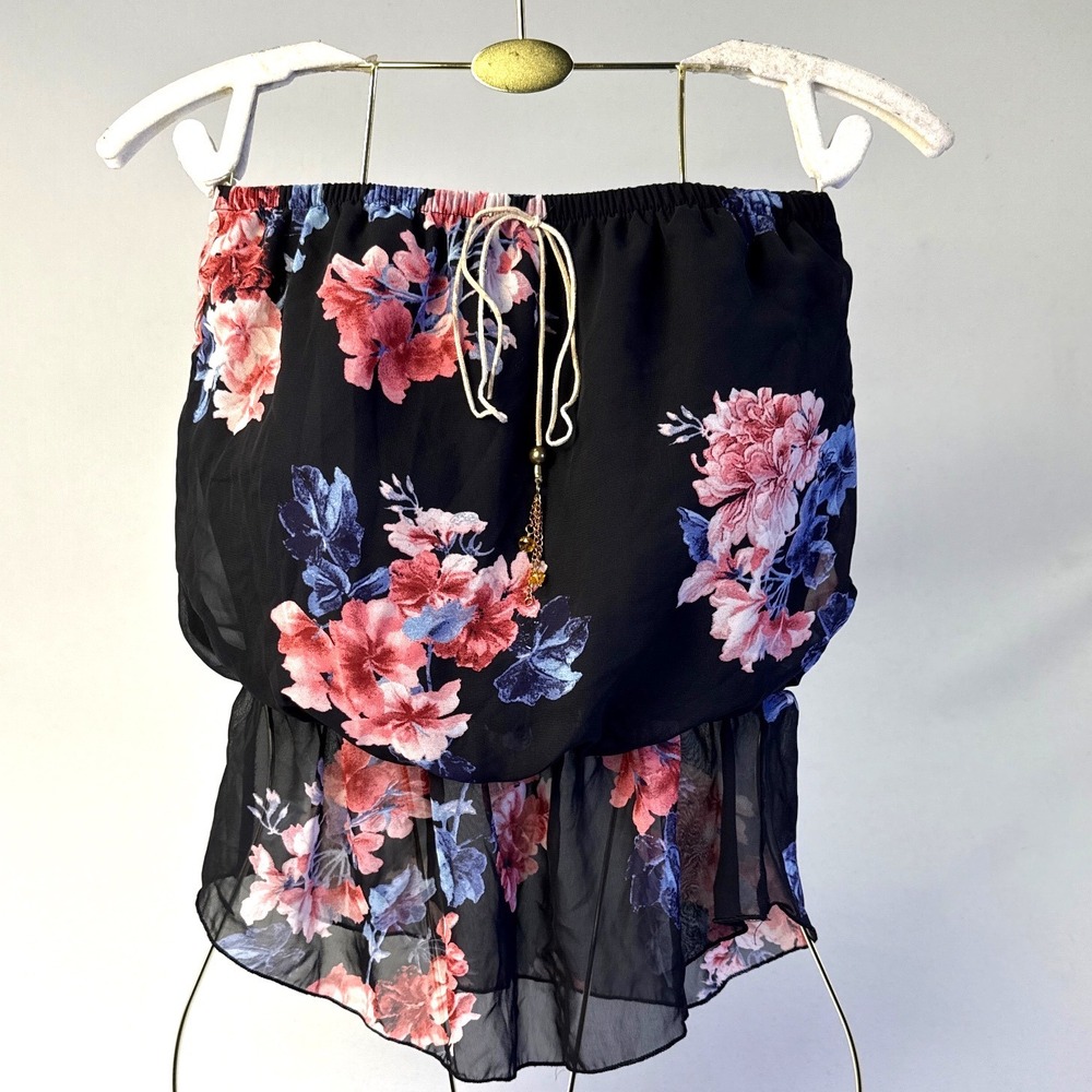 Vivace Womens Floral Strapless Tube Top Black Pink Ruffle Hem Small